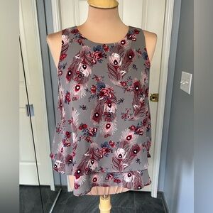 Loft Peacock Feather Print‎ Layered Tank Top Sleeveless Blouse